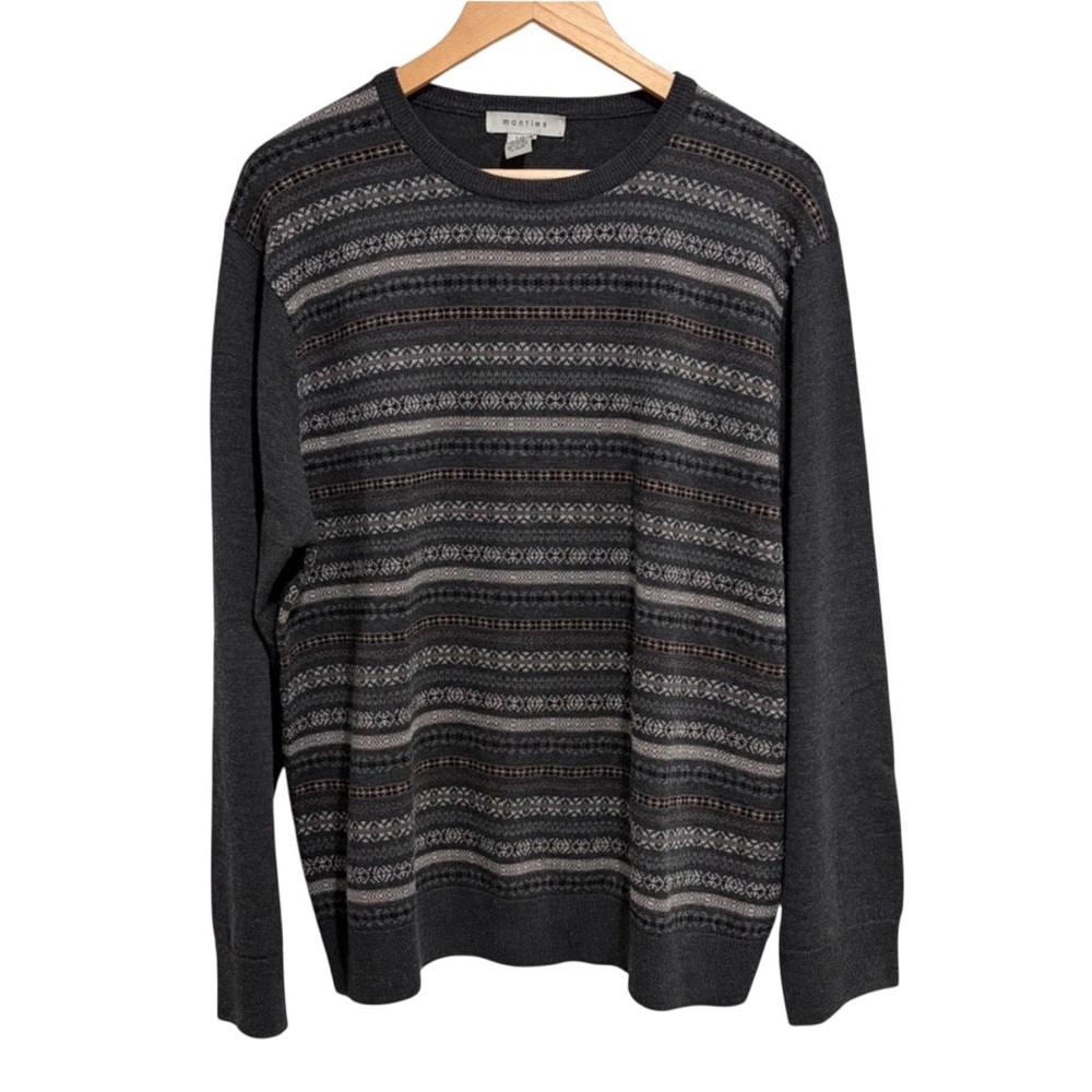 Mantles Men's Gray Patterned Long Sleeve 100% Extra Fine Merino Wool Sweater